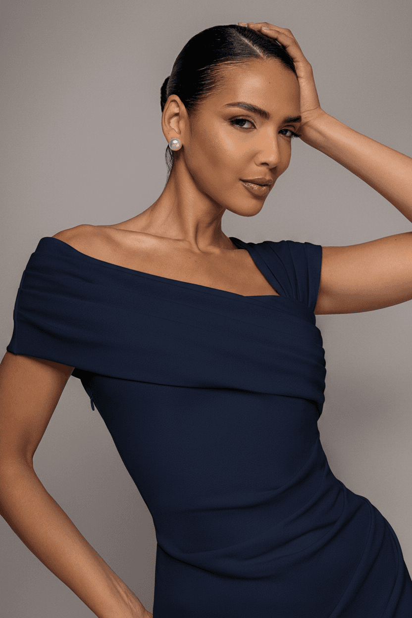 Goddiva One Shoulder Evening Maxi Dress - Navy