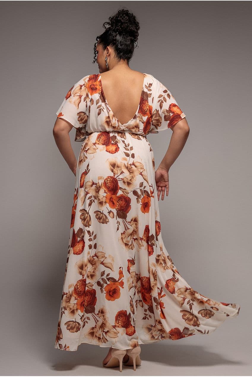 Goddiva Plus Wrap Back Flutter Sleeve Maxi - Beige