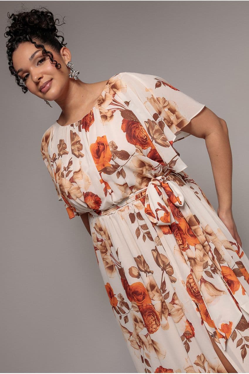 Goddiva Plus Wrap Back Flutter Sleeve Maxi - Beige