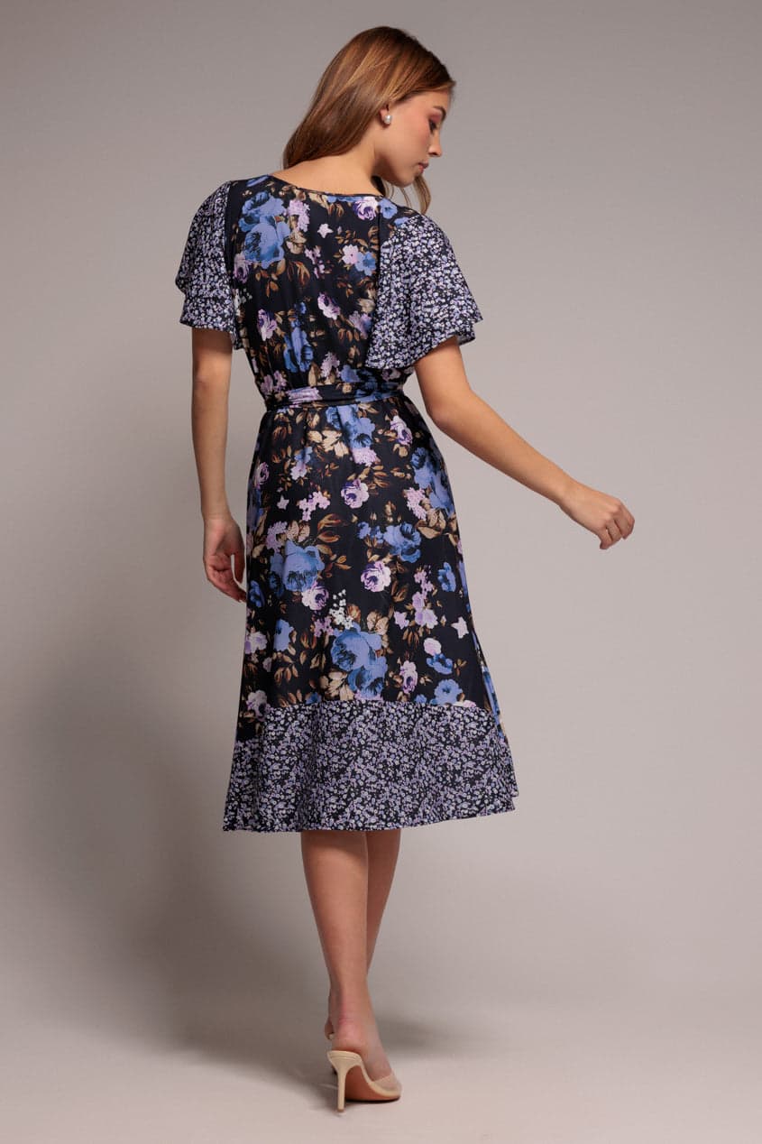 Goddiva Flutter Sleeve Printed Midi Dress - Navy Print