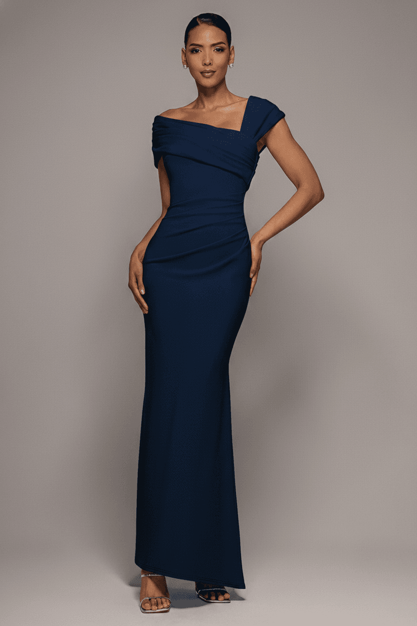 Goddiva One Shoulder Evening Maxi Dress - Navy