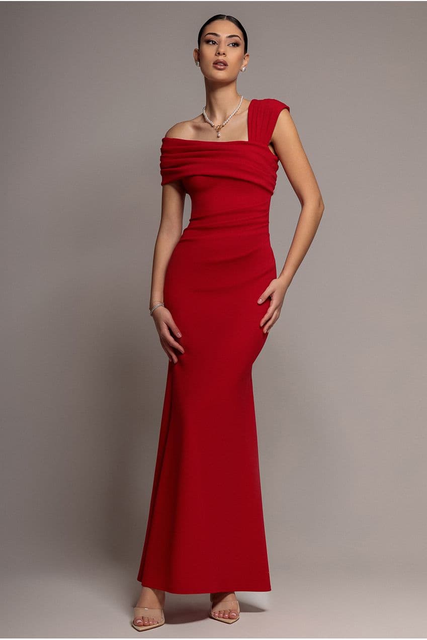 Goddiva One Shoulder Evening Maxi Dress - Red